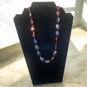 Vintage Red Blue Gold Abstract Teardrop Bead Necklace 34” Continuous Strand